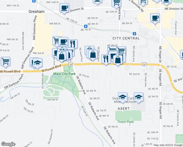 map of restaurants, bars, coffee shops, grocery stores, and more near 145 Southeast Kelly Avenue in Gresham