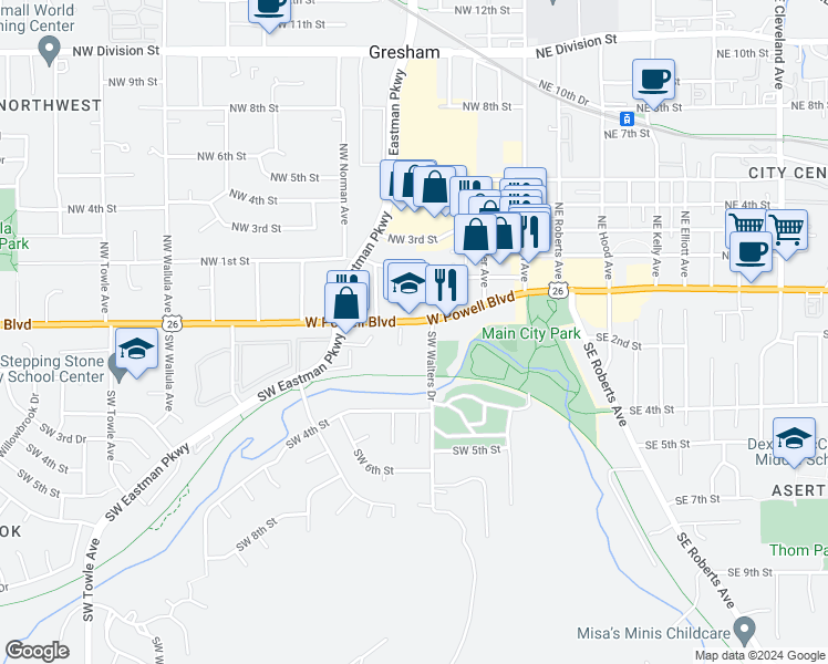 map of restaurants, bars, coffee shops, grocery stores, and more near 330 West Powell Boulevard in Gresham