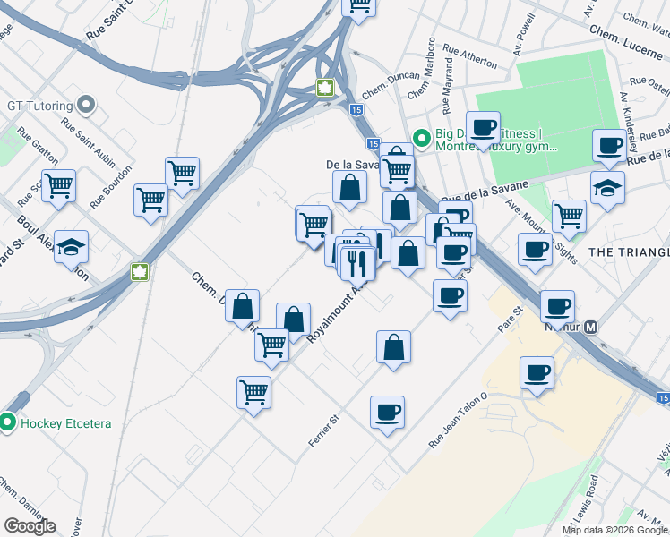 map of restaurants, bars, coffee shops, grocery stores, and more near 5473 Royalmount Avenue in Mount Royal