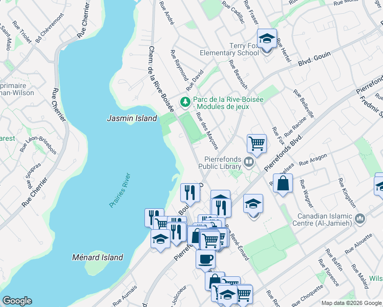 map of restaurants, bars, coffee shops, grocery stores, and more near 240 Chemin de la Rive-Boisée in Montréal