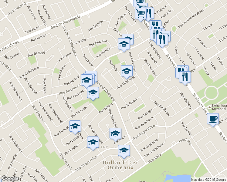 map of restaurants, bars, coffee shops, grocery stores, and more near 46 Rue Carleton in Dollard-des-Ormeaux