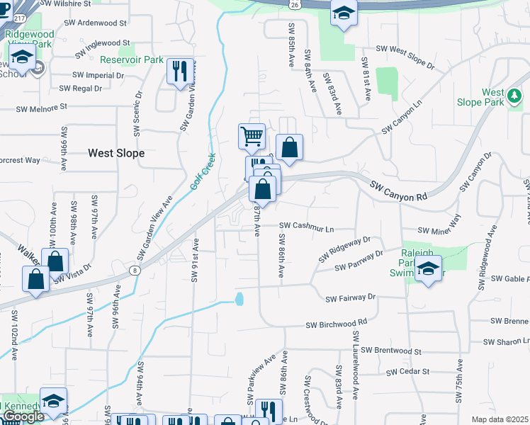 map of restaurants, bars, coffee shops, grocery stores, and more near 8635 Southwest Cashmur Lane in Portland