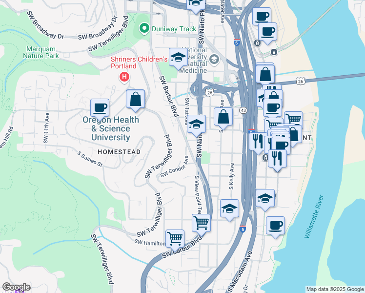 map of restaurants, bars, coffee shops, grocery stores, and more near 3625 Southwest Condor Avenue in Portland