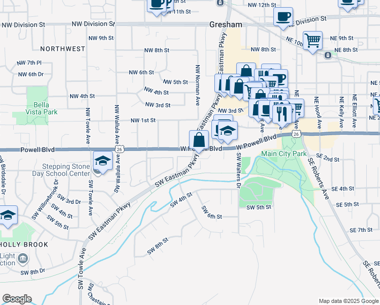 map of restaurants, bars, coffee shops, grocery stores, and more near 165 Southwest Eastman Parkway in Gresham