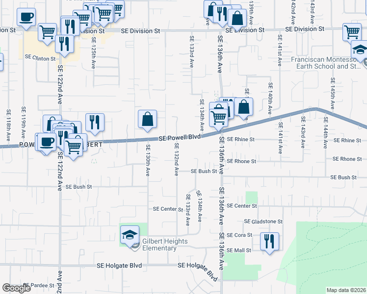map of restaurants, bars, coffee shops, grocery stores, and more near 3522-3534 Southeast 132nd Avenue in Portland