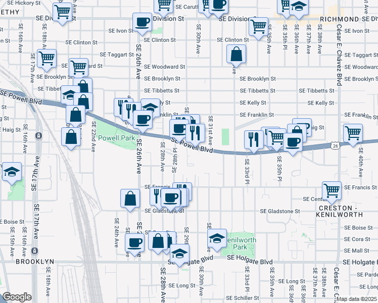 map of restaurants, bars, coffee shops, grocery stores, and more near 3610 Southeast 29th Avenue in Portland