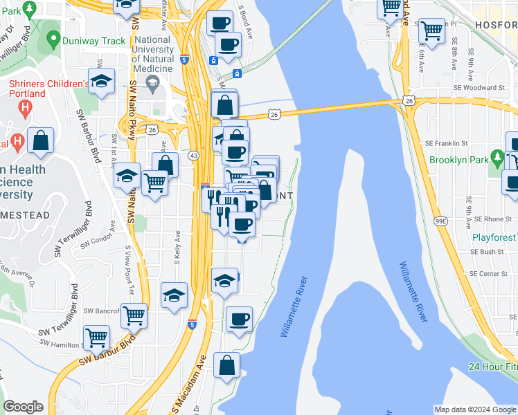 map of restaurants, bars, coffee shops, grocery stores, and more near 740 South Gaines Street in Portland