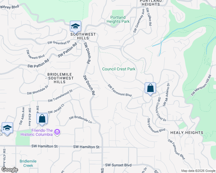 map of restaurants, bars, coffee shops, grocery stores, and more near 3334 Southwest Fairmount Lane in Portland
