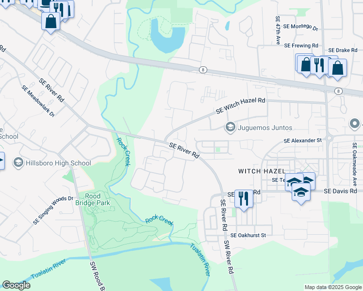 map of restaurants, bars, coffee shops, grocery stores, and more near 3280 Southeast River Road in Hillsboro