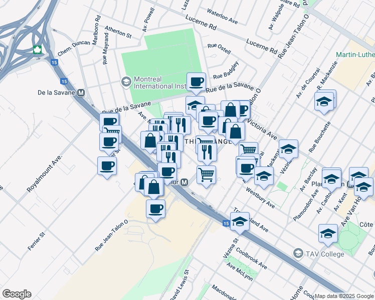 map of restaurants, bars, coffee shops, grocery stores, and more near 7501 Avenue Mountain Sights in Montréal