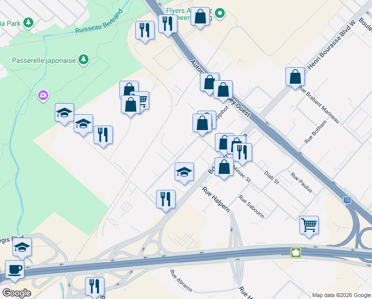 map of restaurants, bars, coffee shops, grocery stores, and more near Rue Cypihot in Montréal