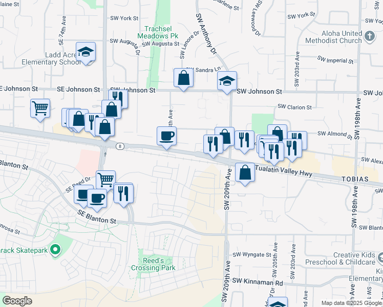 map of restaurants, bars, coffee shops, grocery stores, and more near 21216 Southwest Tualatin Valley Highway in Aloha