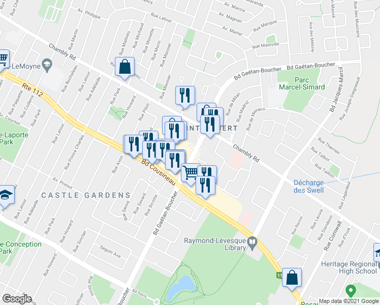 map of restaurants, bars, coffee shops, grocery stores, and more near 5950 Boulevard Cousineau in Longueuil