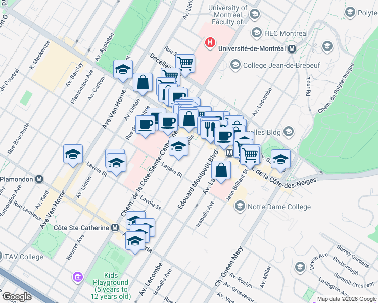 map of restaurants, bars, coffee shops, grocery stores, and more near 3800 Avenue Dupuis in Montréal