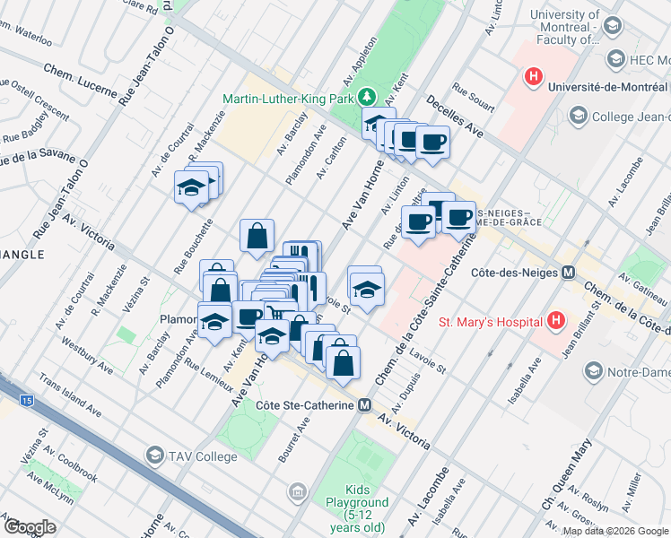 map of restaurants, bars, coffee shops, grocery stores, and more near 4361 Avenue Linton in Montréal