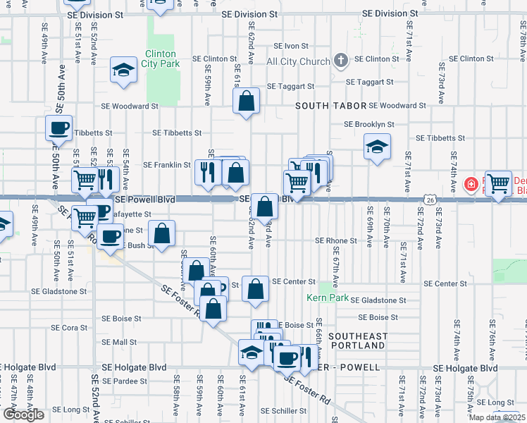map of restaurants, bars, coffee shops, grocery stores, and more near 3531 Southeast 63rd Avenue in Portland