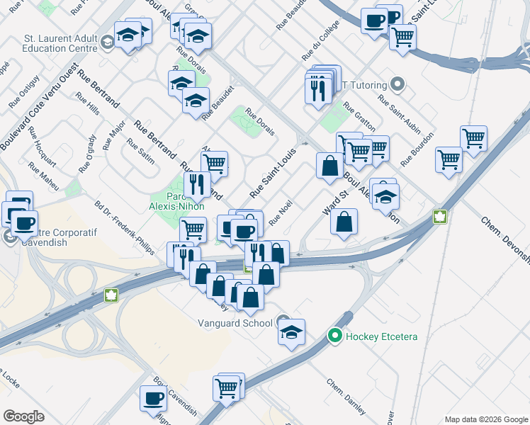 map of restaurants, bars, coffee shops, grocery stores, and more near 2430 Rue Mantha in Montréal