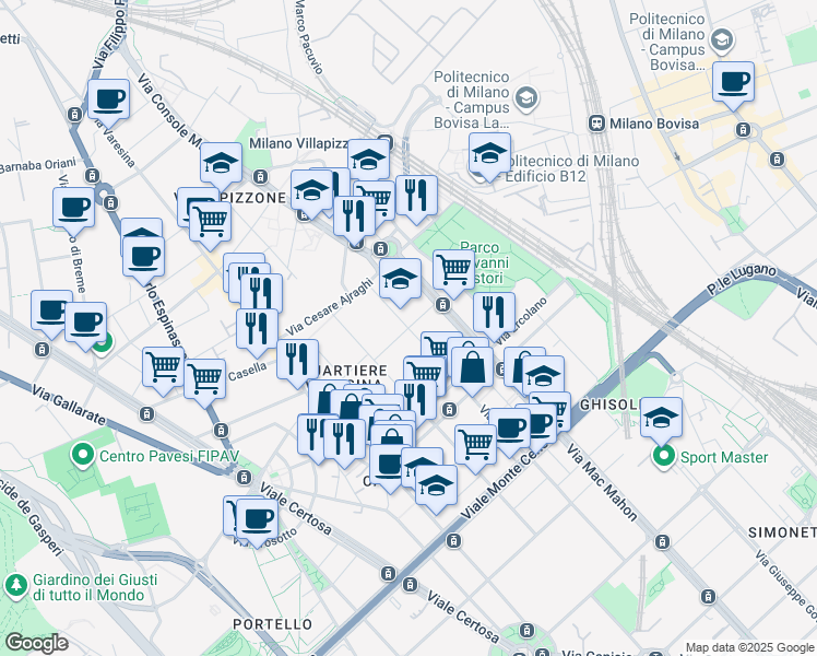 map of restaurants, bars, coffee shops, grocery stores, and more near Via Bramantino in Milano