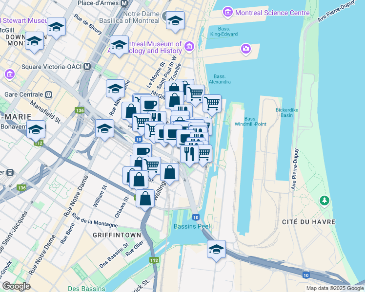 map of restaurants, bars, coffee shops, grocery stores, and more near 80 Rue Queen in Montréal