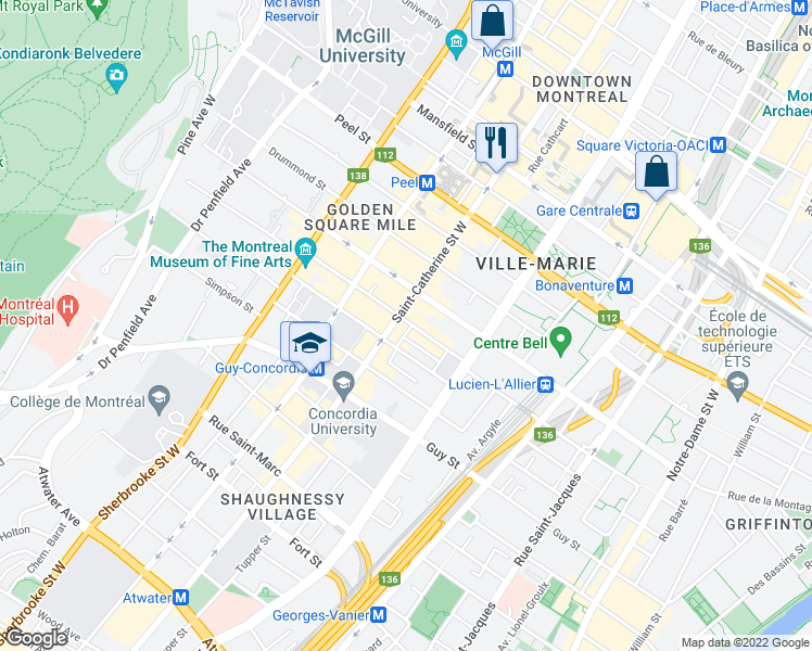 map of restaurants, bars, coffee shops, grocery stores, and more near 1260 Rue Crescent in Montréal