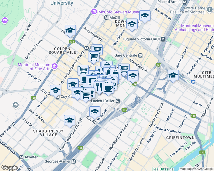 map of restaurants, bars, coffee shops, grocery stores, and more near 1300 Boulevard René-Lévesque Ouest in Montréal