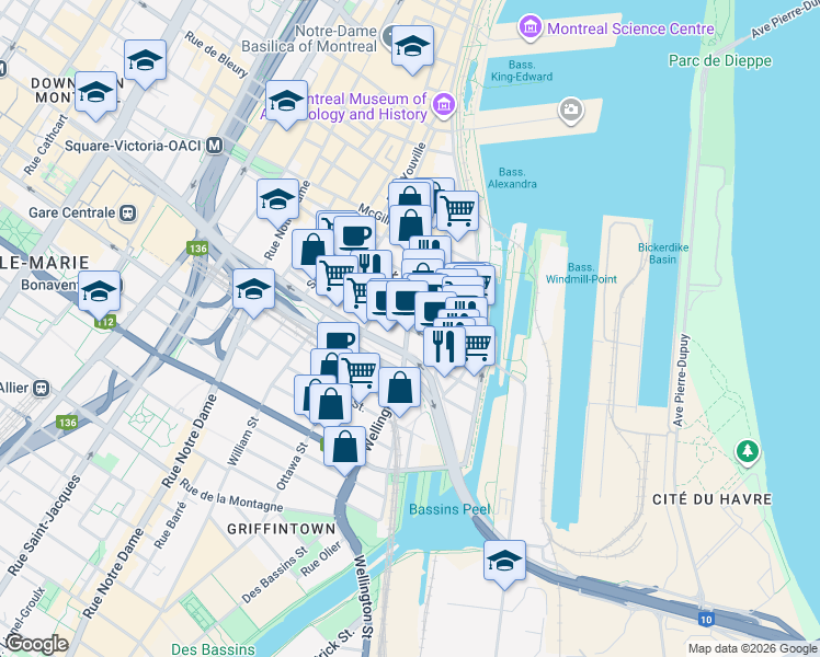 map of restaurants, bars, coffee shops, grocery stores, and more near 80 Rue Prince in Montreal