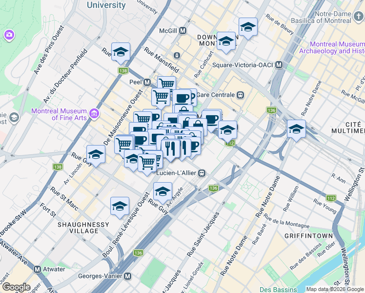 map of restaurants, bars, coffee shops, grocery stores, and more near 1300 Boulevard René-Lévesque Ouest in Montreal