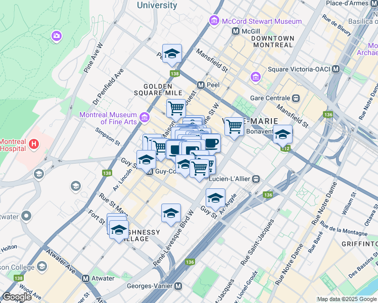 map of restaurants, bars, coffee shops, grocery stores, and more near 1228 Rue de la Montagne in Montréal