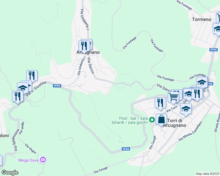 map of restaurants, bars, coffee shops, grocery stores, and more near 35 Via Sacco in Arcugnano