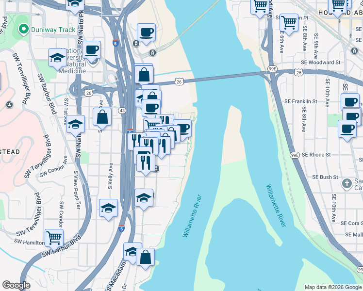 map of restaurants, bars, coffee shops, grocery stores, and more near 841 South Gaines Street in Portland