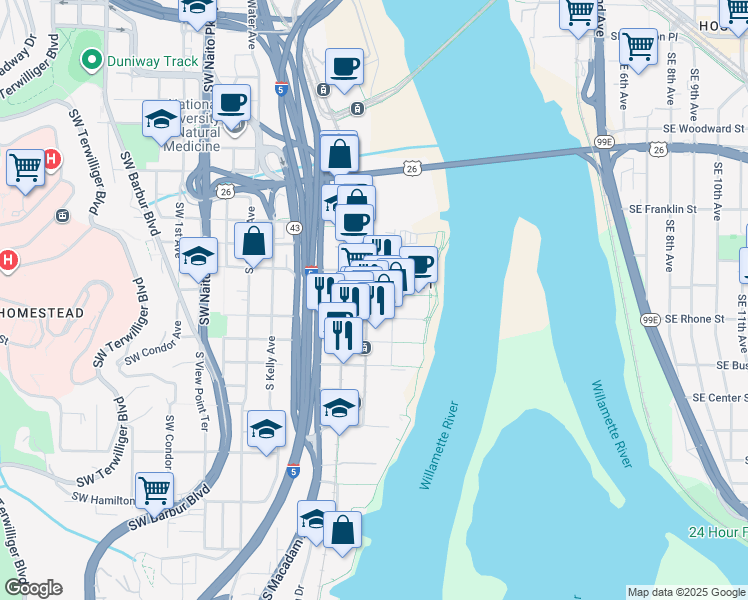 map of restaurants, bars, coffee shops, grocery stores, and more near 3606 Southwest Bond Avenue in Portland