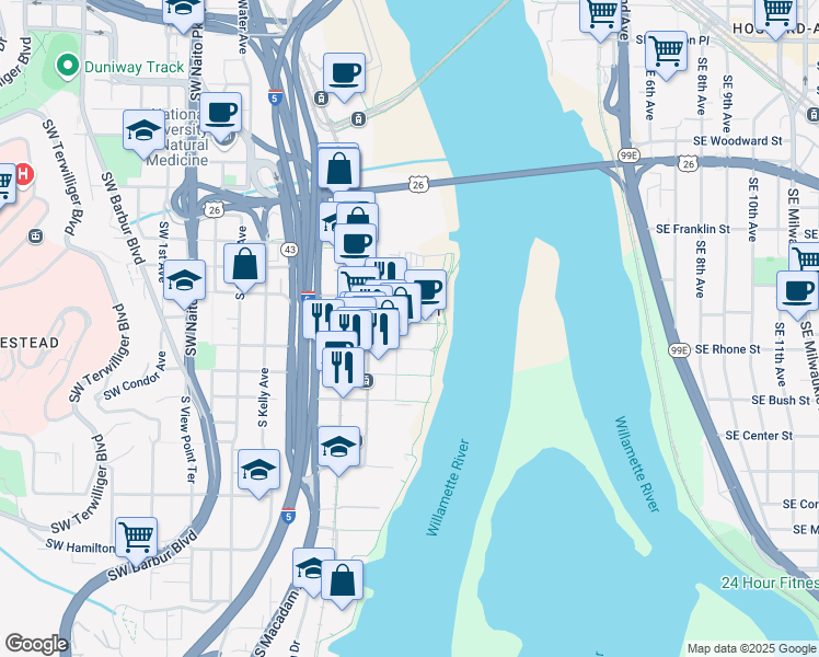 map of restaurants, bars, coffee shops, grocery stores, and more near 841 South Gaines Street in Portland