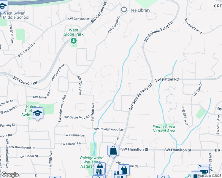 map of restaurants, bars, coffee shops, grocery stores, and more near 6790 Southwest Parkwest Lane in Portland