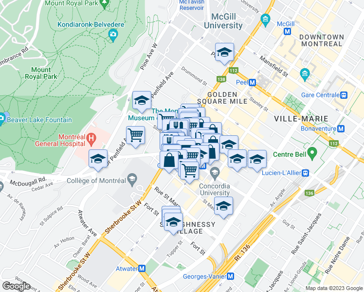 map of restaurants, bars, coffee shops, grocery stores, and more near 1508 Rue Sherbrooke Ouest in Montréal