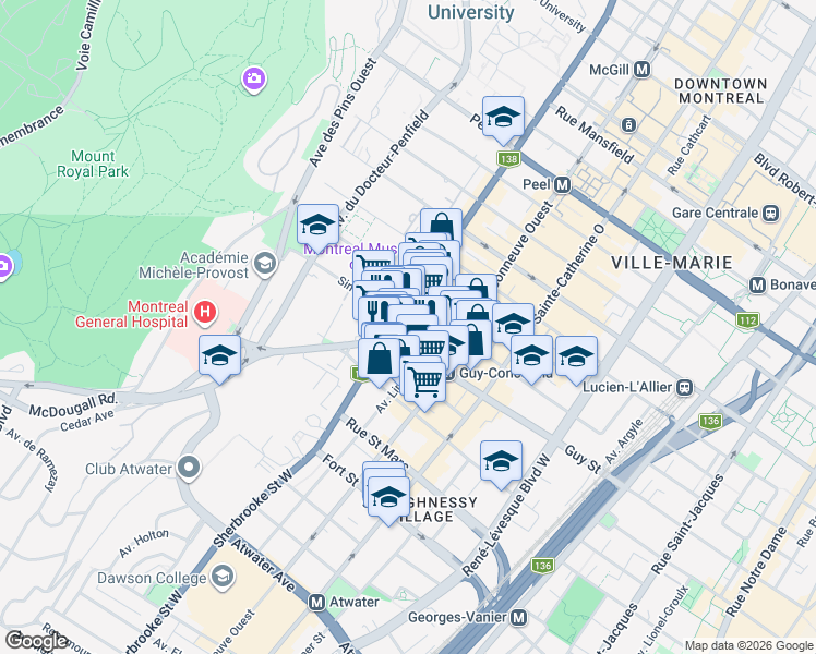 map of restaurants, bars, coffee shops, grocery stores, and more near 1518 Rue Sherbrooke Ouest in Montréal