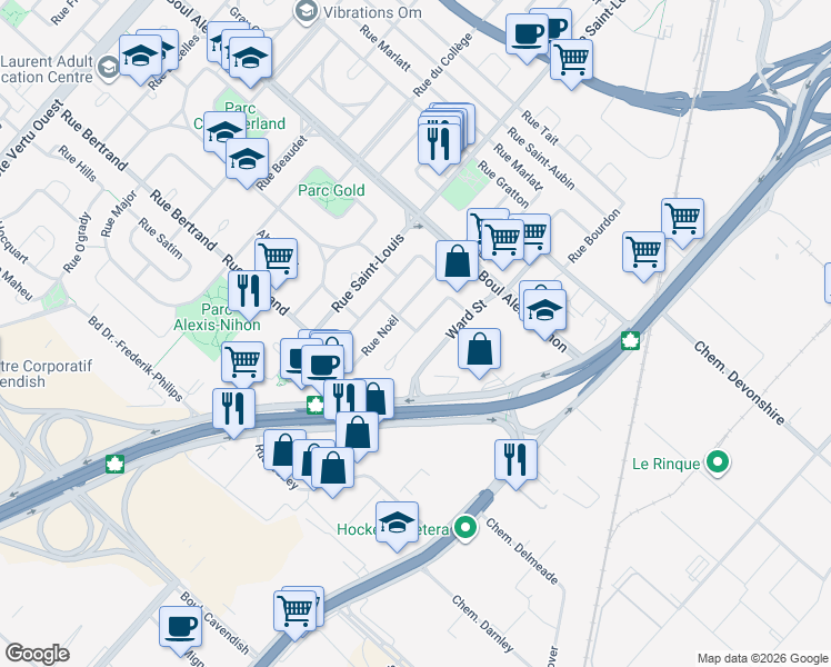 map of restaurants, bars, coffee shops, grocery stores, and more near 2340 Rue Gold in Montreal