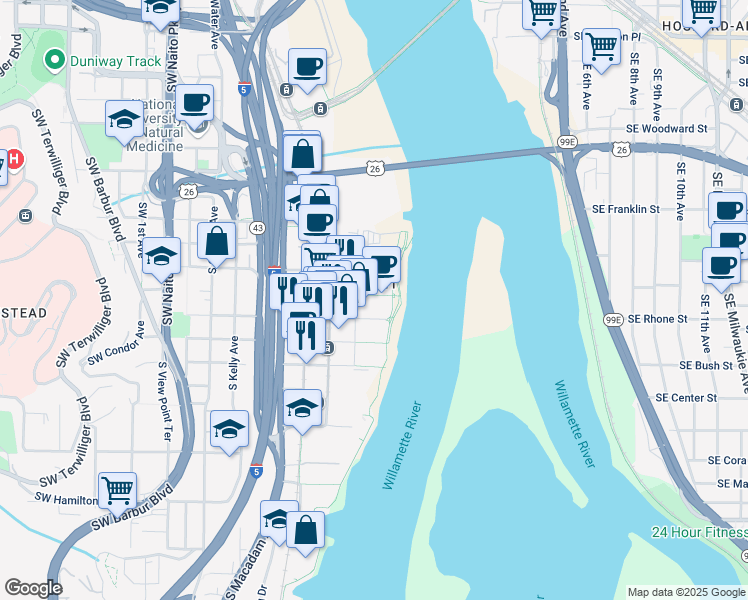 map of restaurants, bars, coffee shops, grocery stores, and more near 841 South Gaines Street in Portland