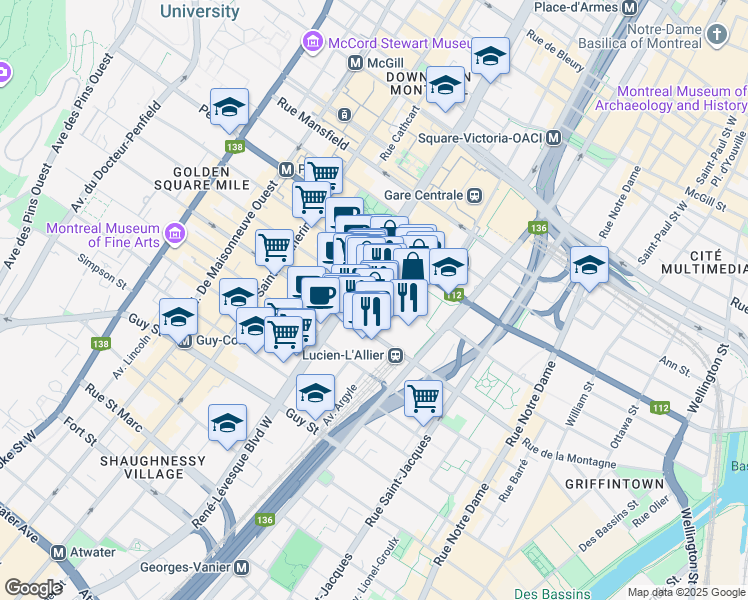 map of restaurants, bars, coffee shops, grocery stores, and more near Rue Drummond in Montréal