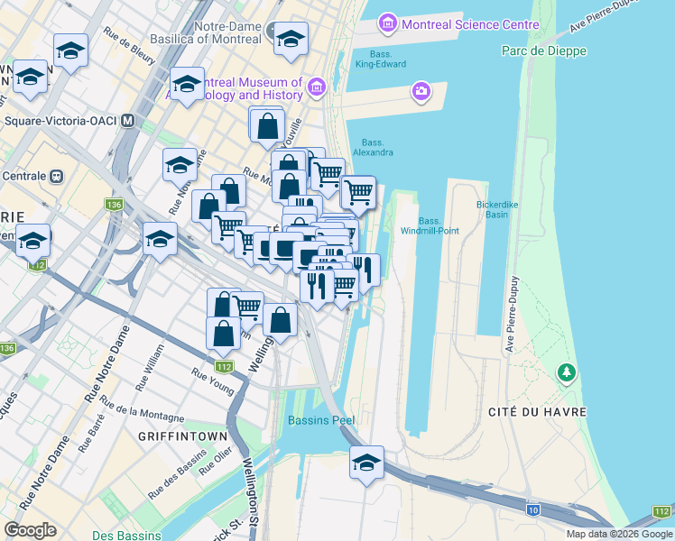 map of restaurants, bars, coffee shops, grocery stores, and more near 711 De la Commune Street West in Montreal