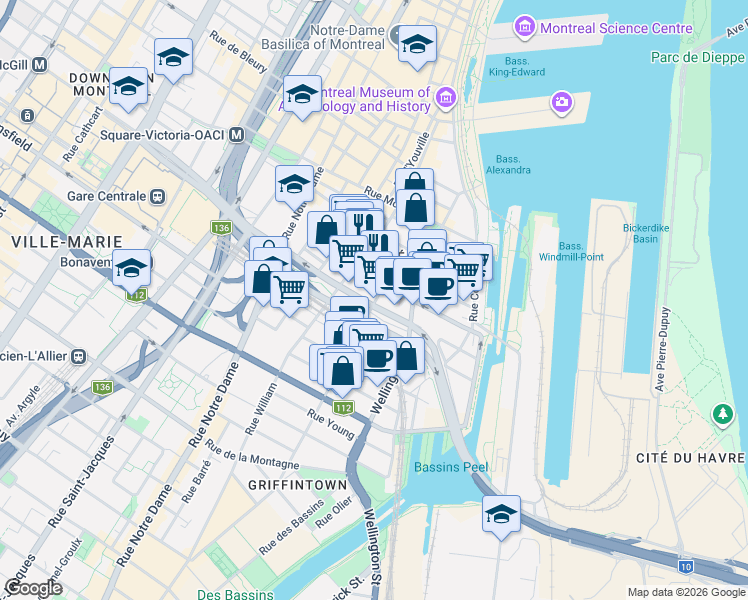 map of restaurants, bars, coffee shops, grocery stores, and more near 245 Boulevard Robert-Bourassa in Montréal