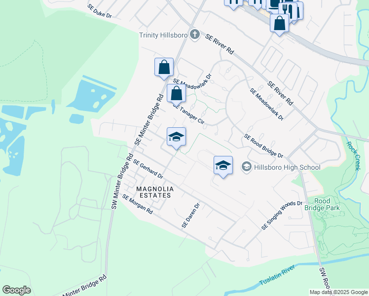 map of restaurants, bars, coffee shops, grocery stores, and more near 1750 Southeast Jacquelin Drive in Hillsboro