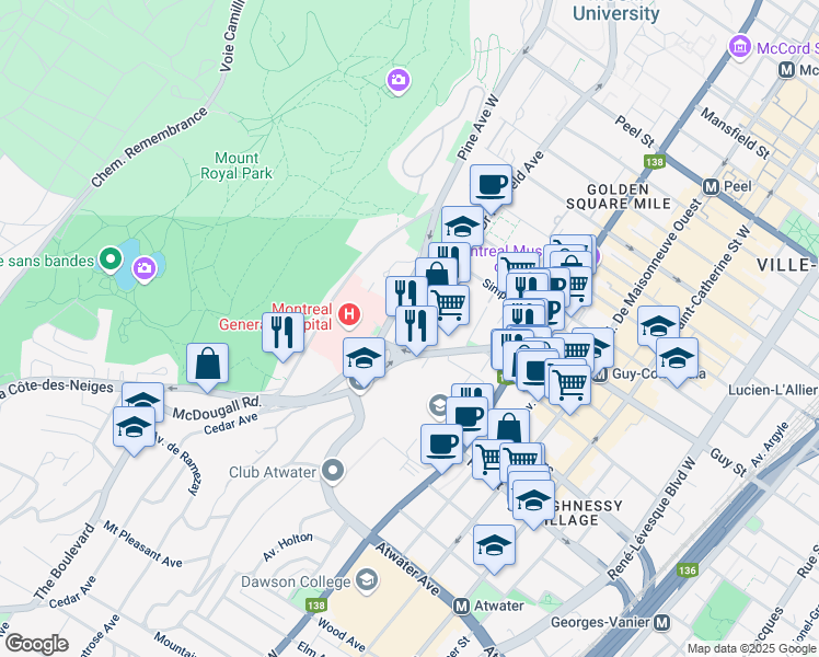 map of restaurants, bars, coffee shops, grocery stores, and more near 1575 Avenue du Docteur-Penfield in Montréal