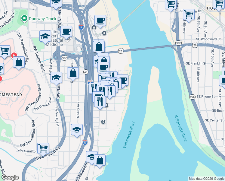 map of restaurants, bars, coffee shops, grocery stores, and more near 3601 South River Parkway in Portland