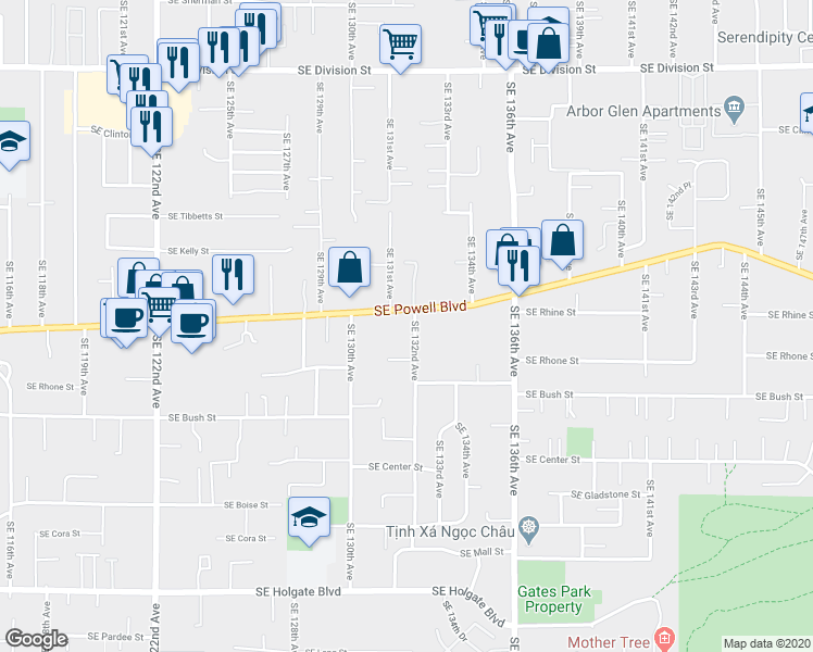 map of restaurants, bars, coffee shops, grocery stores, and more near 3522-3534 Southeast 132nd Avenue in Portland