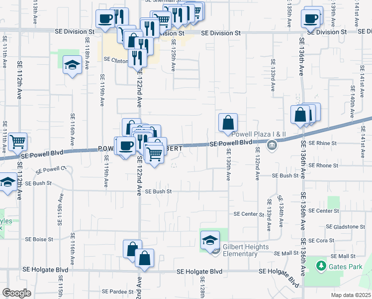 map of restaurants, bars, coffee shops, grocery stores, and more near 12540 Southeast Powell Boulevard in Portland