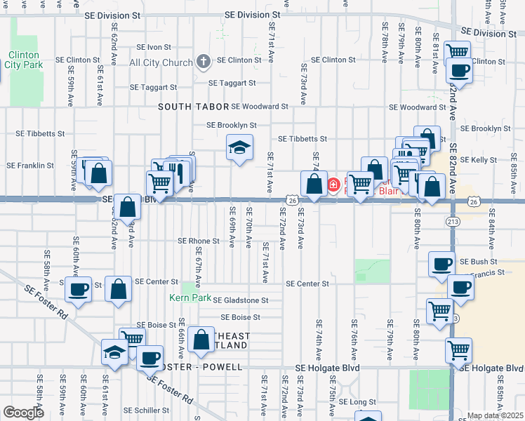 map of restaurants, bars, coffee shops, grocery stores, and more near 7027 Southeast Lafayette Street in Portland