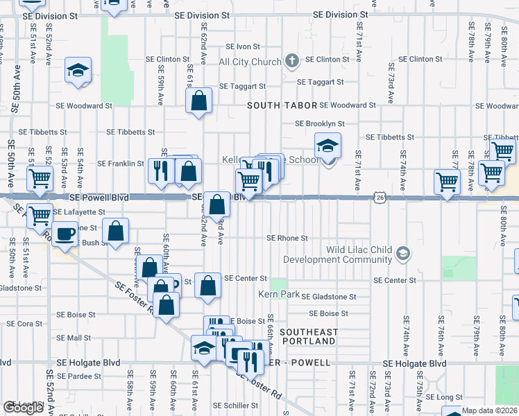 map of restaurants, bars, coffee shops, grocery stores, and more near 3559 Southeast 65th Avenue in Portland