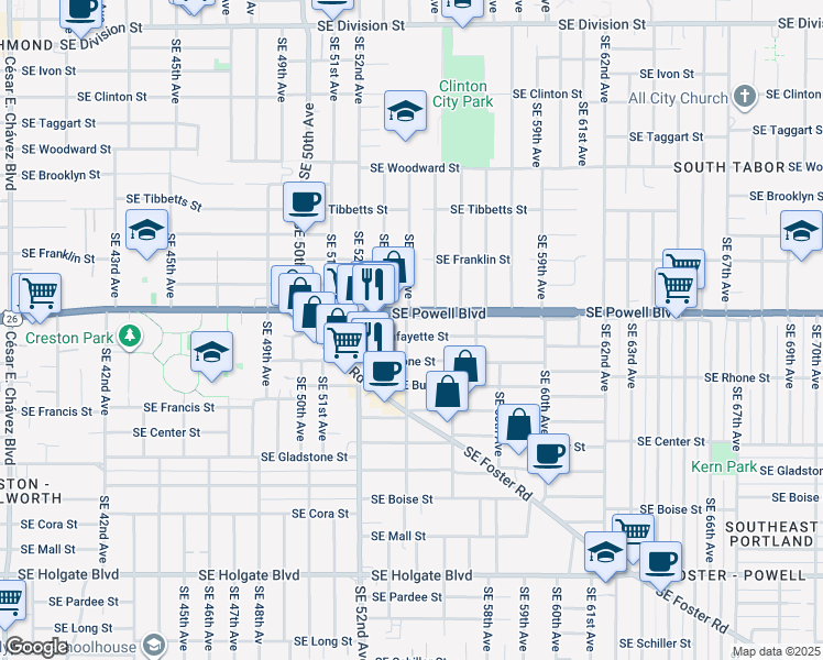 map of restaurants, bars, coffee shops, grocery stores, and more near 3612 Southeast 54th Avenue in Portland