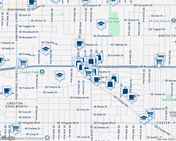 map of restaurants, bars, coffee shops, grocery stores, and more near 5045 Southeast Foster Road in Portland