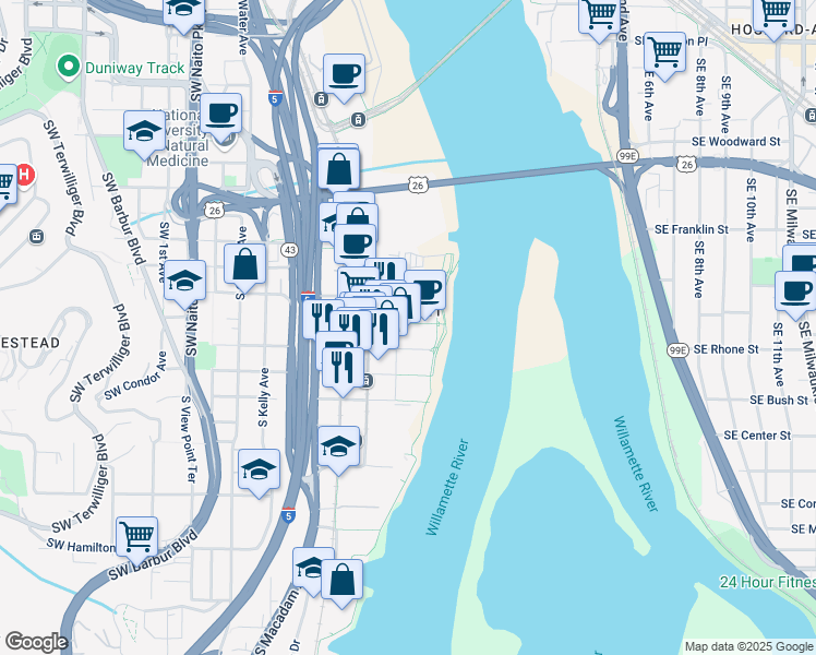 map of restaurants, bars, coffee shops, grocery stores, and more near 740 South Gaines Street in Portland